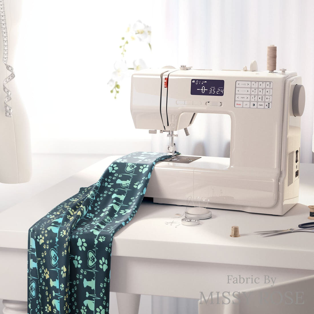 Design 1184 Vet Fabric on a sewing machine – premium fabric for sewing projects | Fabric by Missy Rose