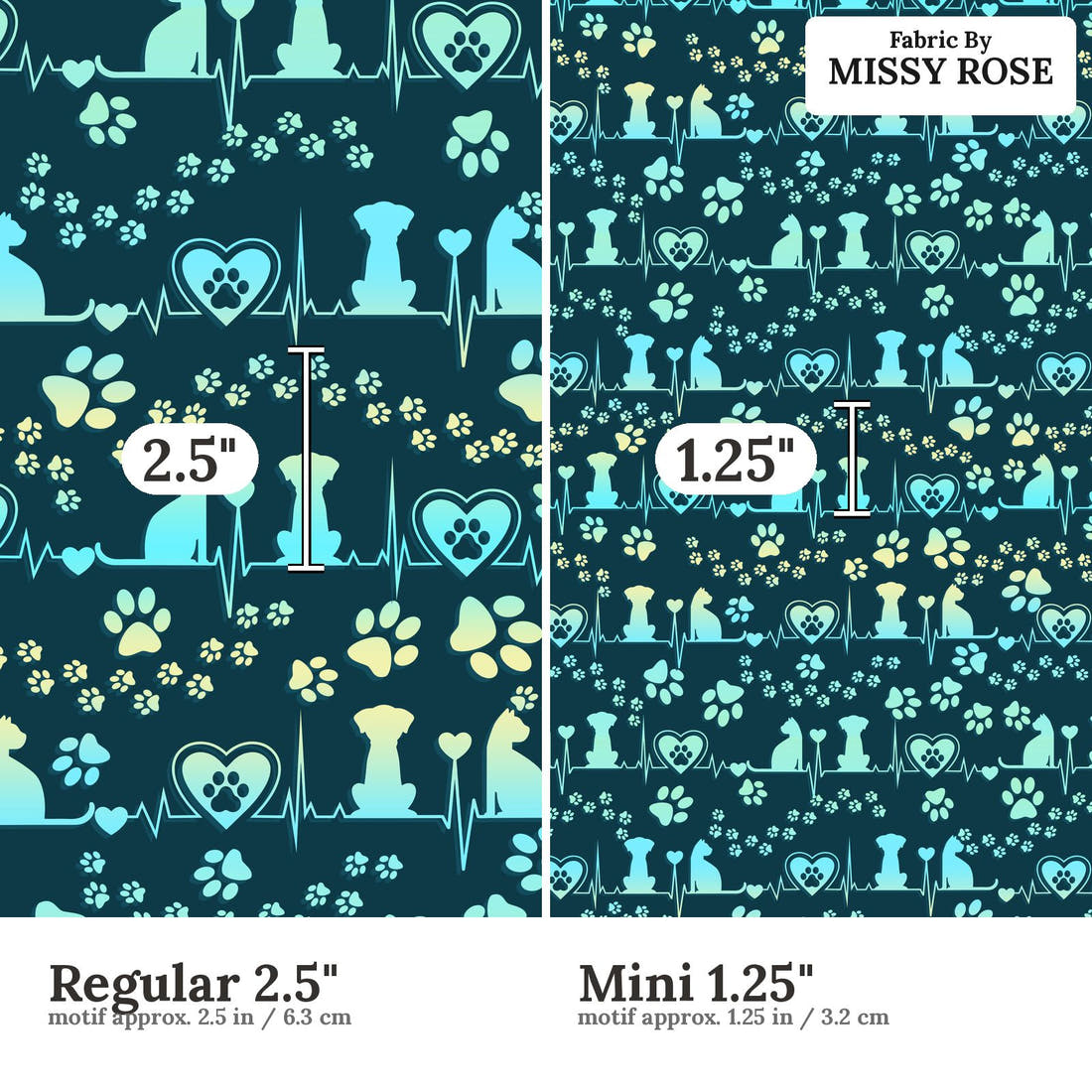 Design 1184 Vet Fabric Regular 2.5 inch vs Mini 1.25 inch print scale side by side | Fabric by Missy Rose