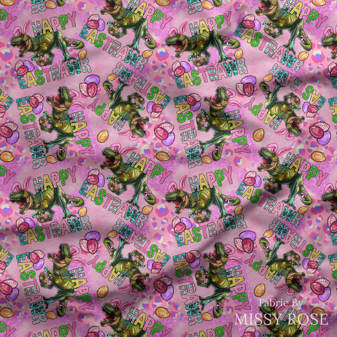 Design 1185 Easter T-rex Fabric draped fabric mockup – custom printed fabric by the metre | Fabric by Missy Rose