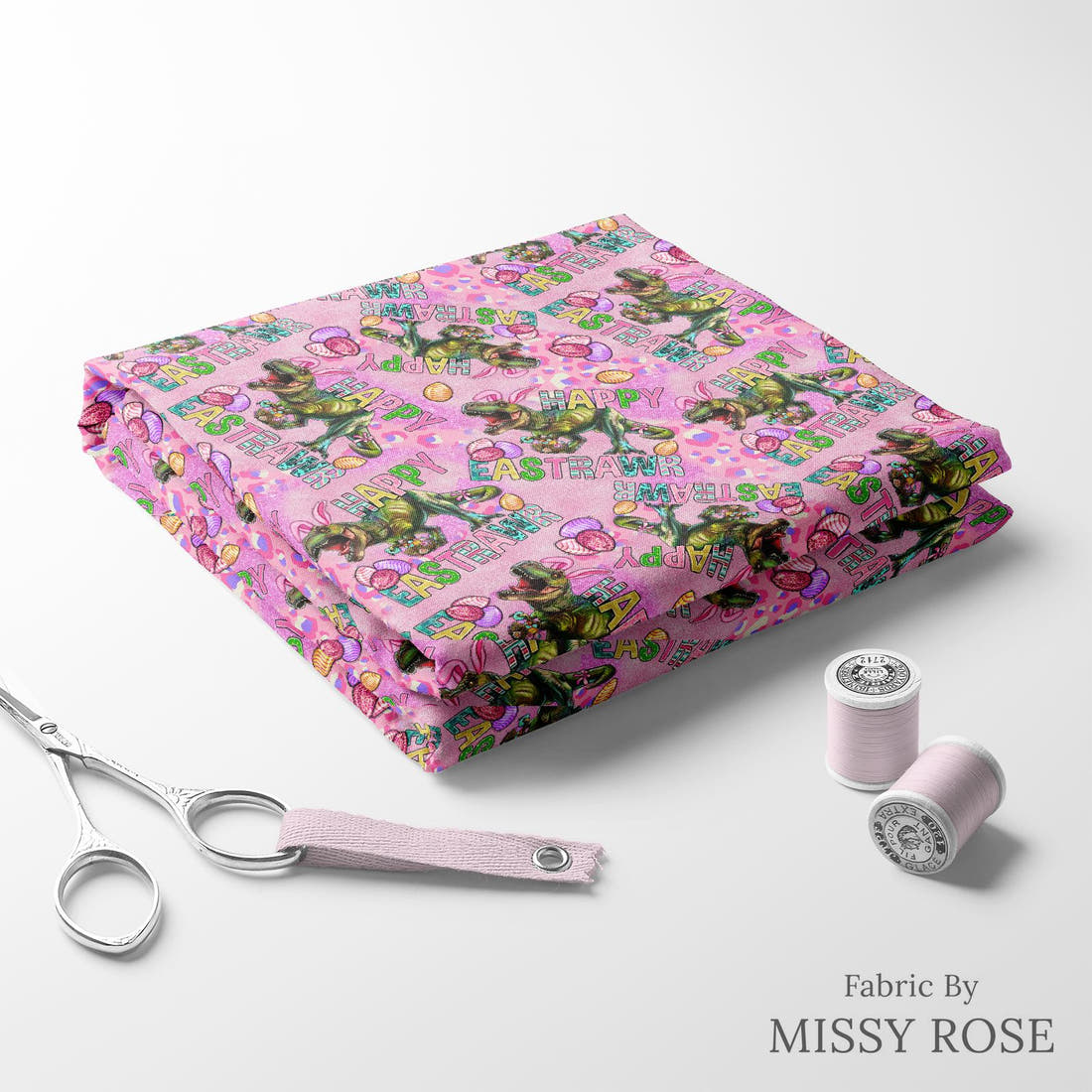 Design 1185 Easter T-rex Fabric folded fabric stack with matching thread – pre-order fabric Australia | Fabric by Missy Rose