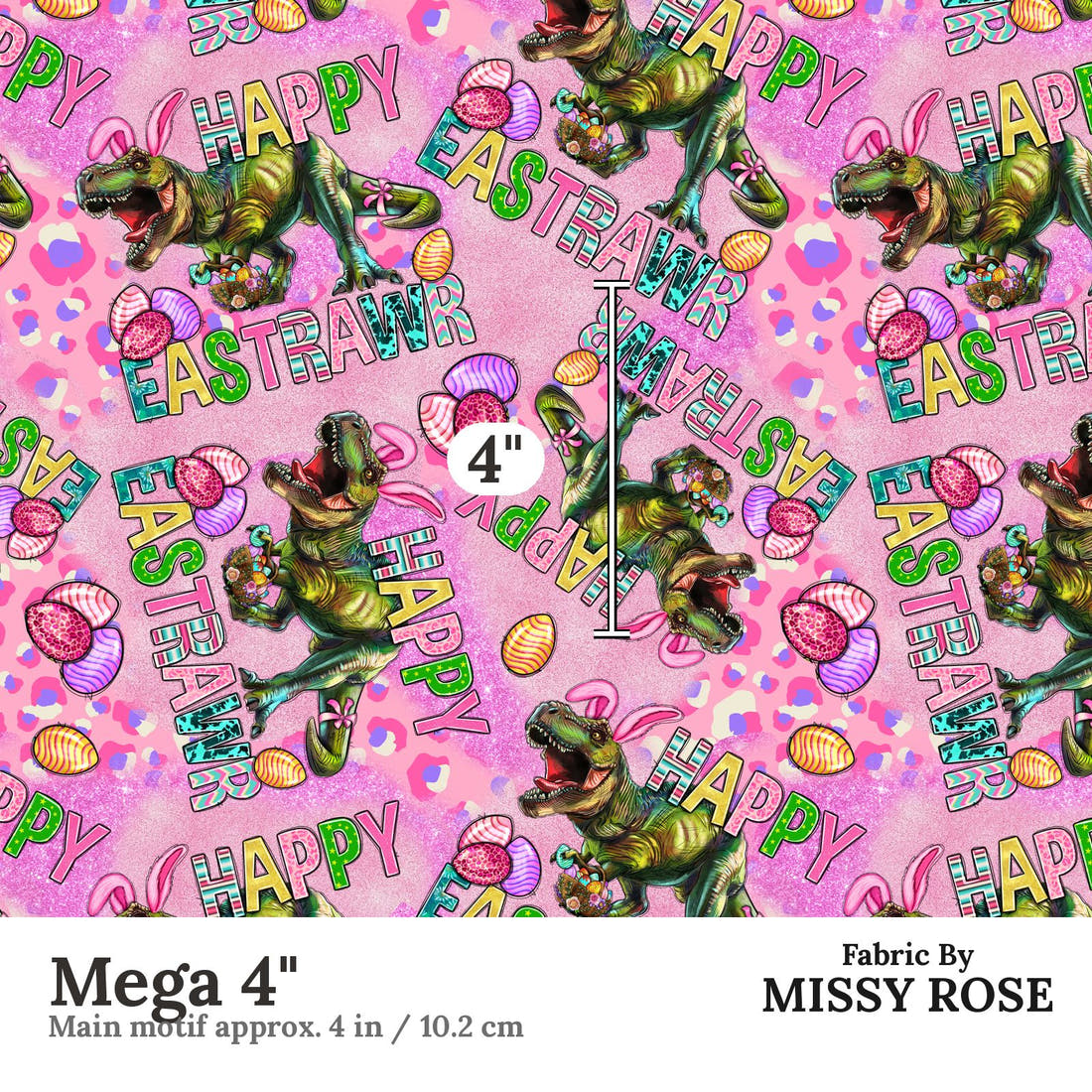 Design 1185 Easter T-rex Fabric Mega 4 inch print scale guide | Fabric by Missy Rose