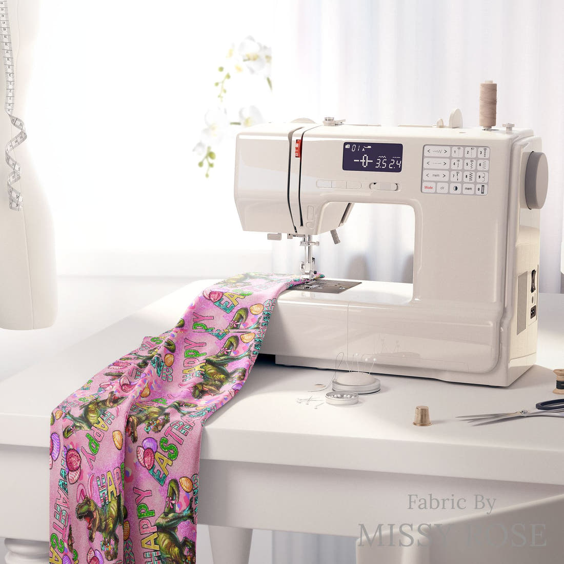 Design 1185 Easter T-rex Fabric on a sewing machine – premium fabric for sewing projects | Fabric by Missy Rose