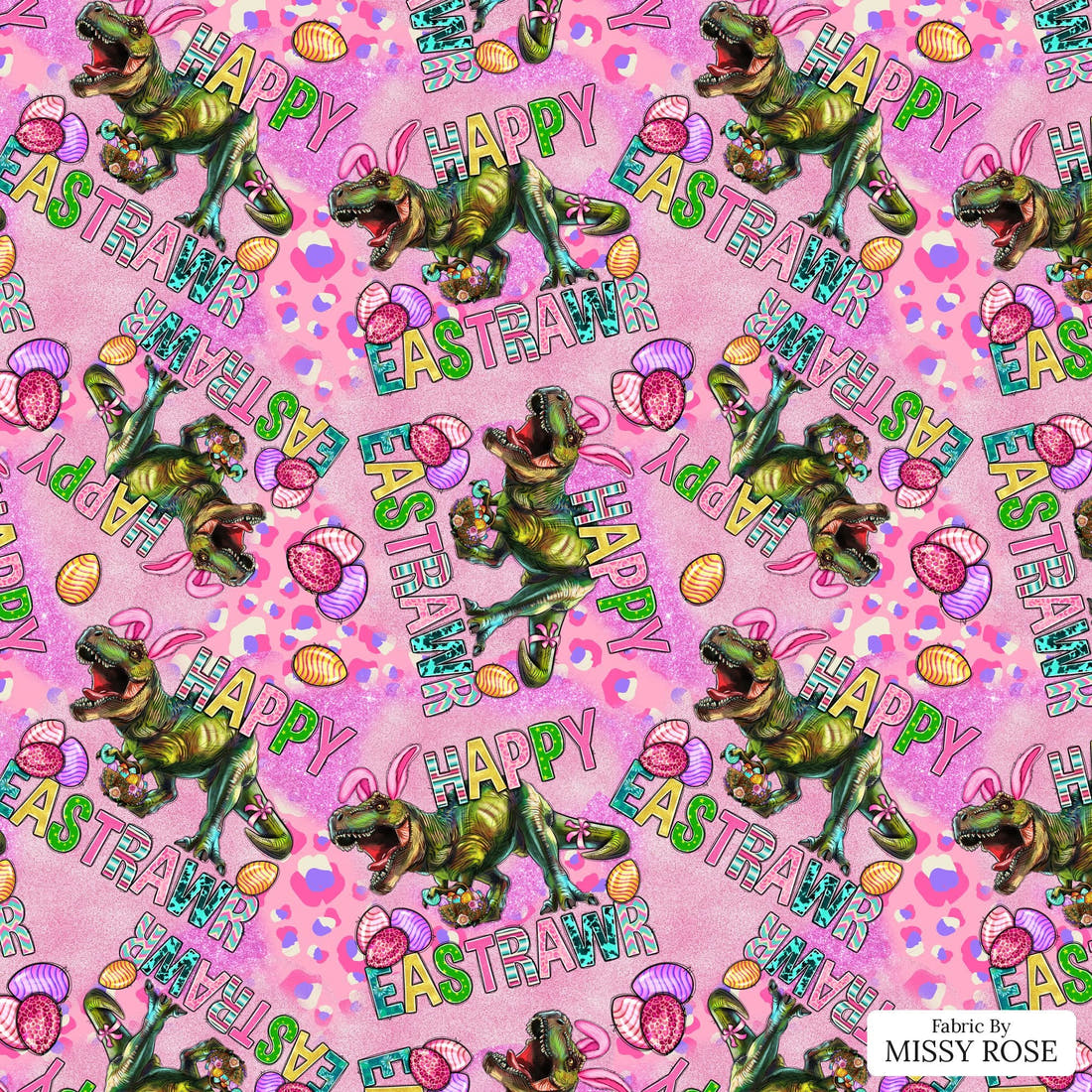 Design 1185 Easter T-rex Fabric – flat view of the print, zoom in for detail | Fabric by Missy Rose