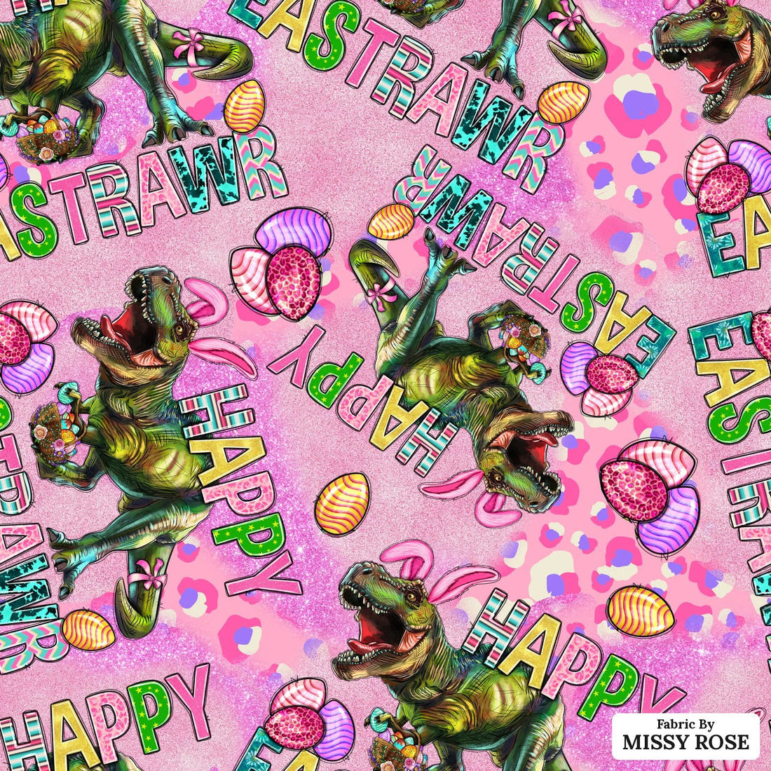 Design 1185 Easter T-rex Fabric – flat view of the print, zoom in for detail | Fabric by Missy Rose