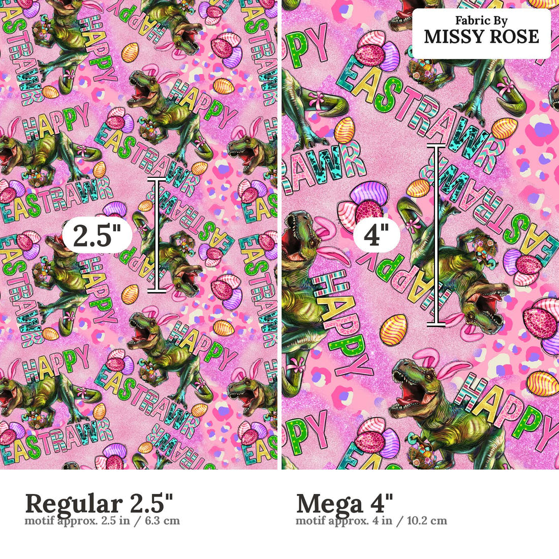 Design 1185 Easter T-rex Fabric Regular 2.5 inch vs Mega 4 inch print scale side by side | Fabric by Missy Rose