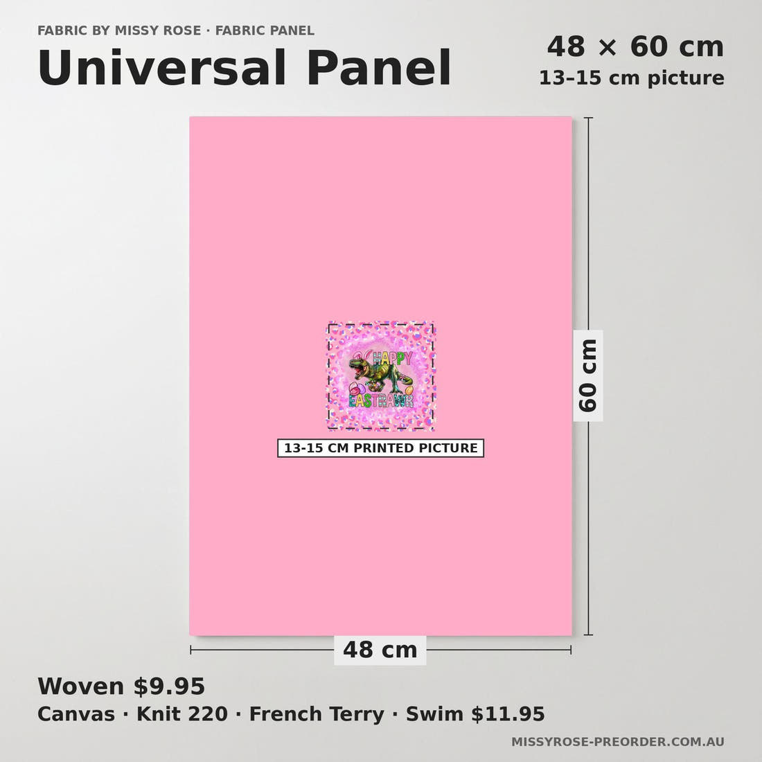 Design 1185 Easter T-rex Panel universal panel sizing – 13–15 cm printed picture on 48 × 60 cm fabric | Fabric by Missy Rose