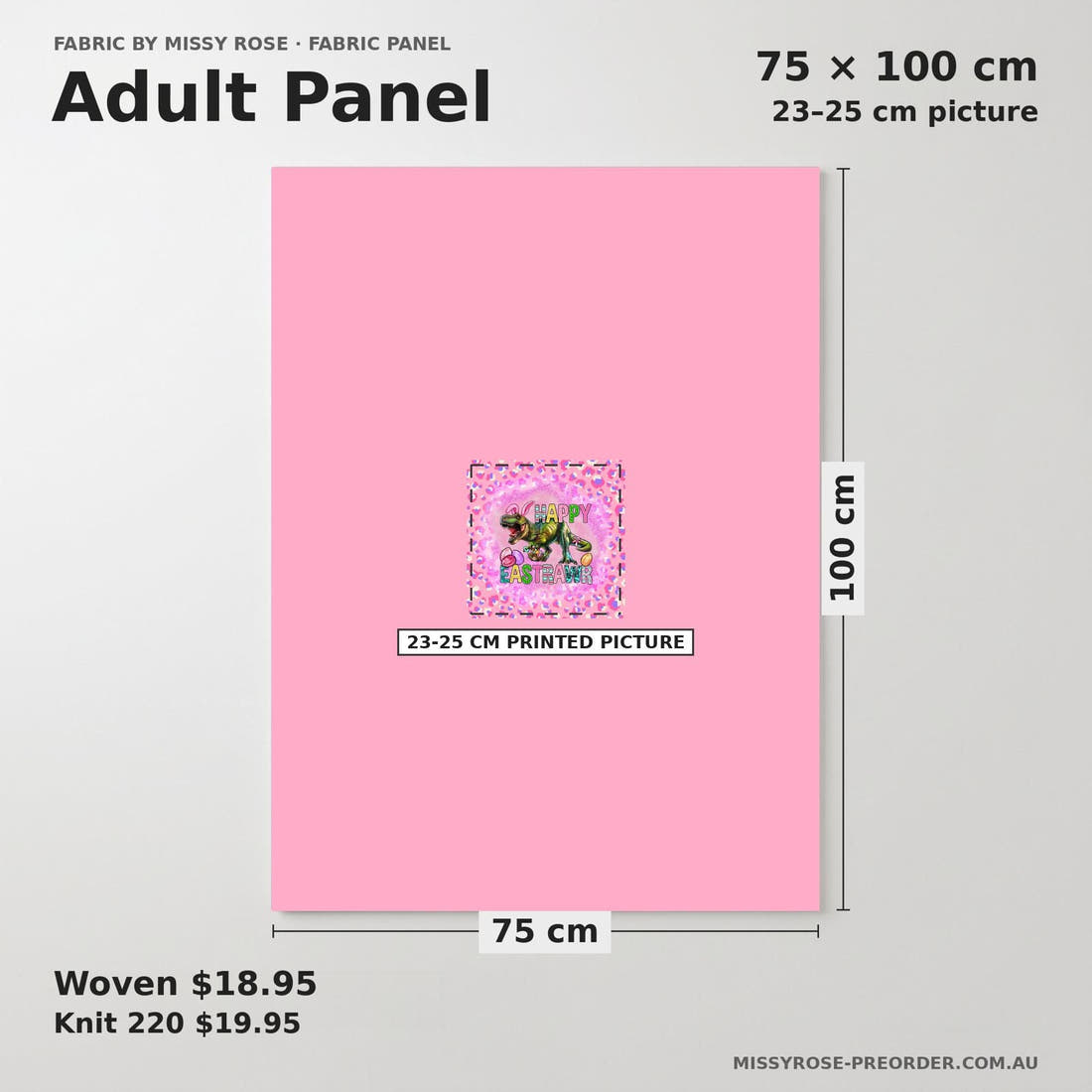 Design 1185 Easter T-rex Panel adult panel sizing – 23–25 cm printed picture on 75 × 100 cm fabric | Fabric by Missy Rose