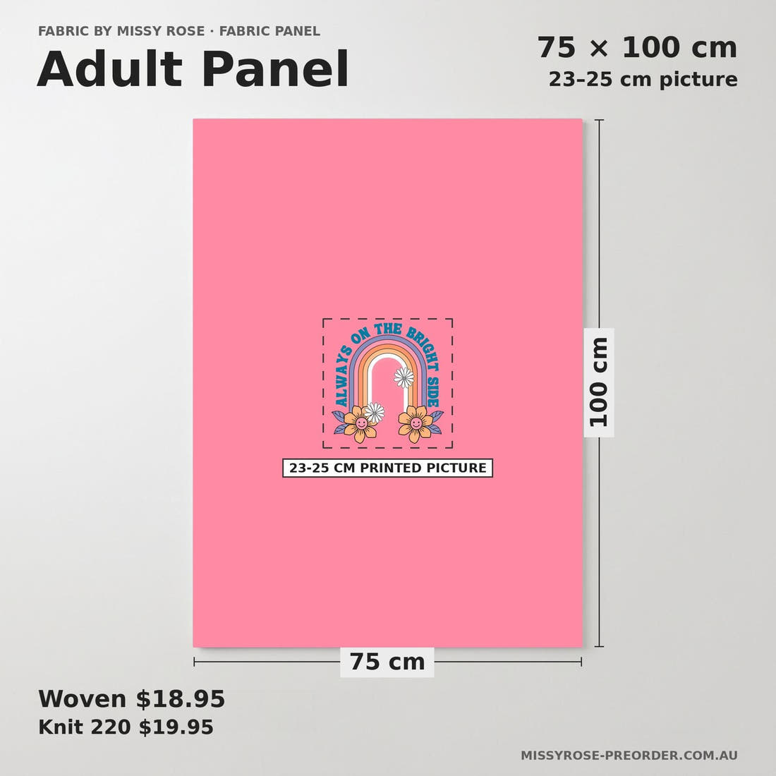 Design 1186 Pink Retro Panel adult panel sizing – 23–25 cm printed picture on 75 × 100 cm fabric | Fabric by Missy Rose
