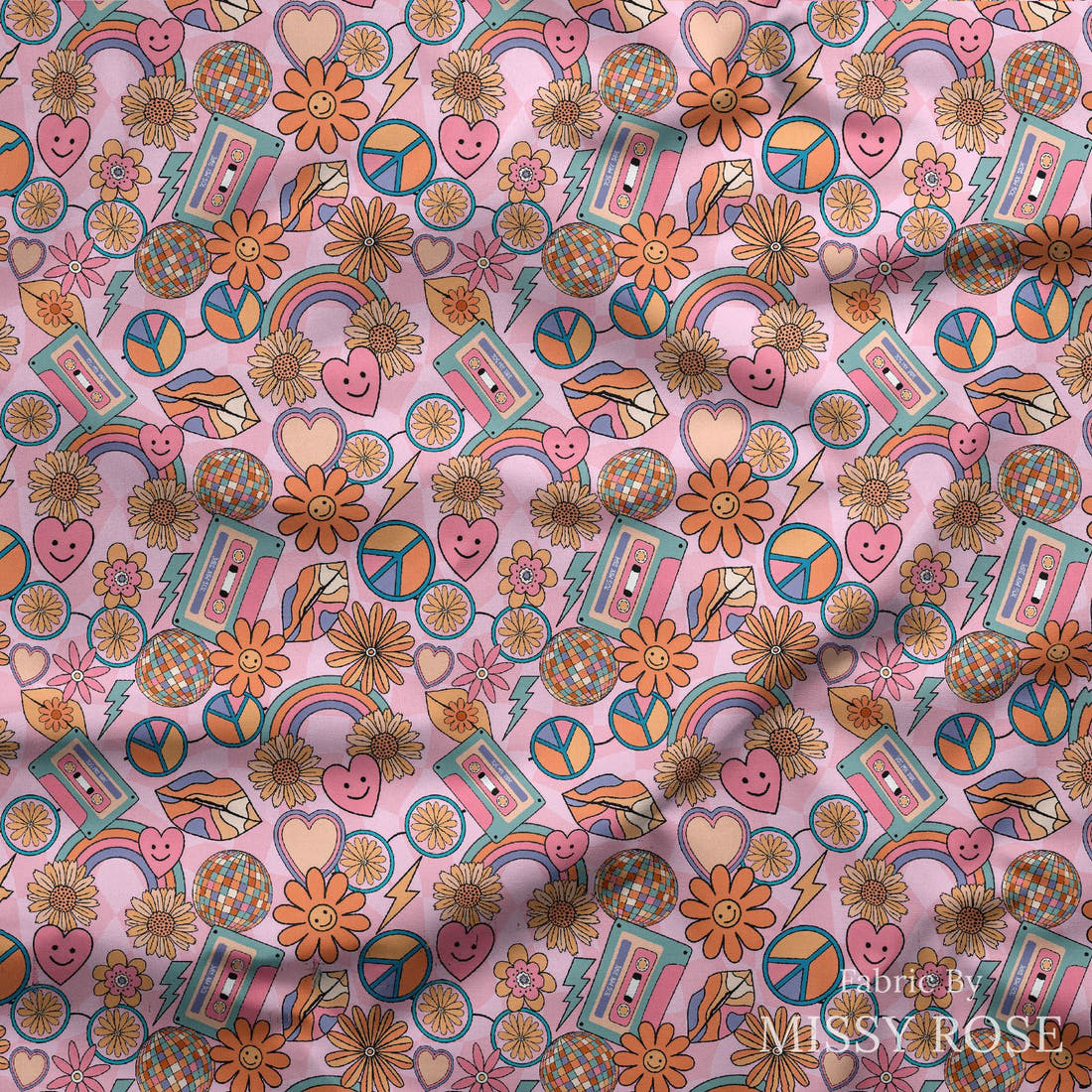 Design 1186 Pink Retro Fabric draped fabric mockup – custom printed fabric by the metre | Fabric by Missy Rose