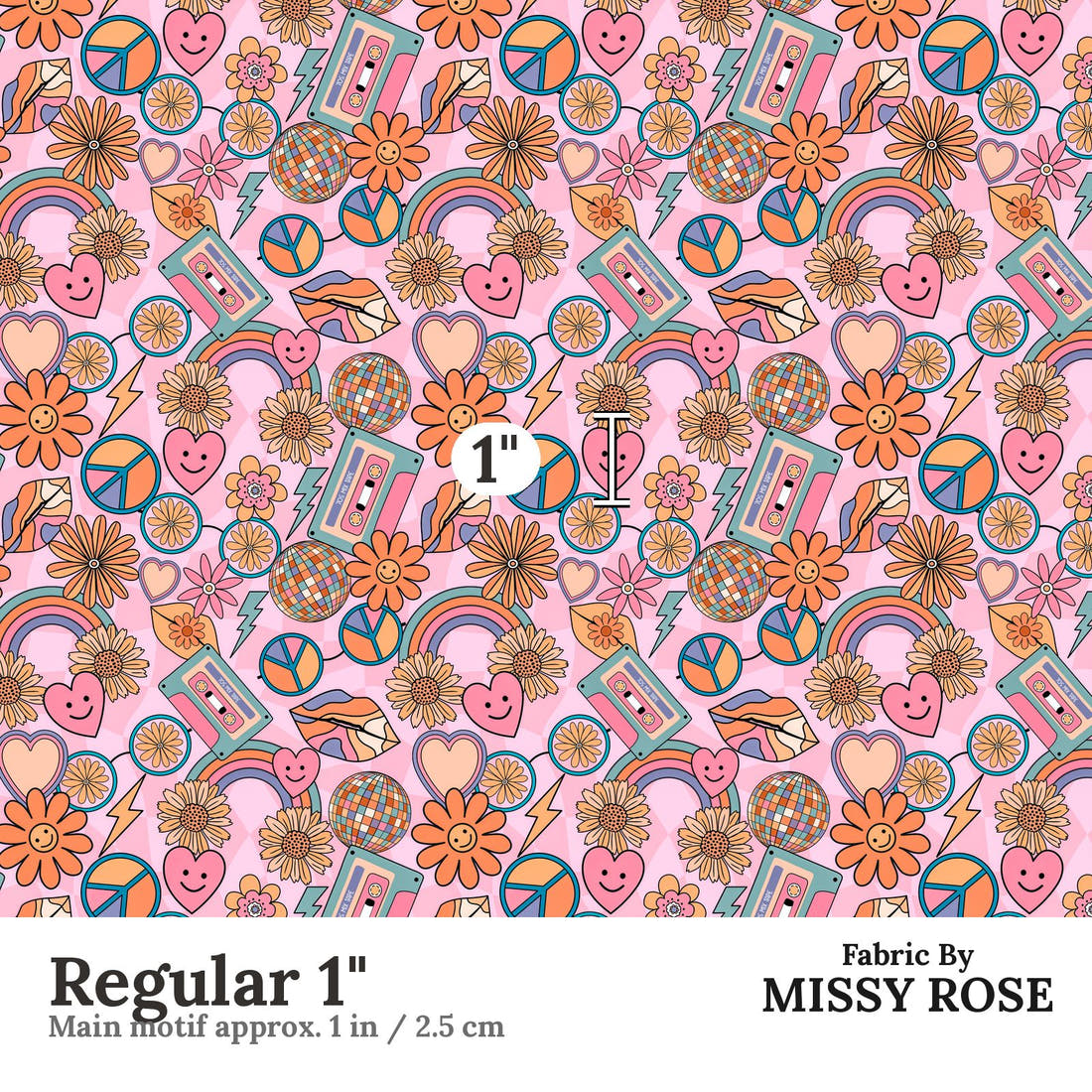 Design 1186 Pink Retro Fabric Regular 1 inch print scale guide | Fabric by Missy Rose