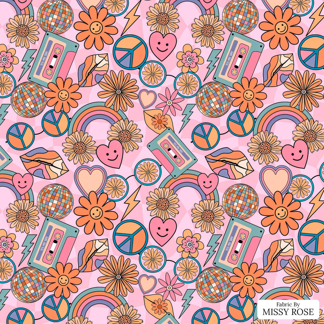 Design 1186 Pink Retro Fabric – flat view of the print, zoom in for detail | Fabric by Missy Rose
