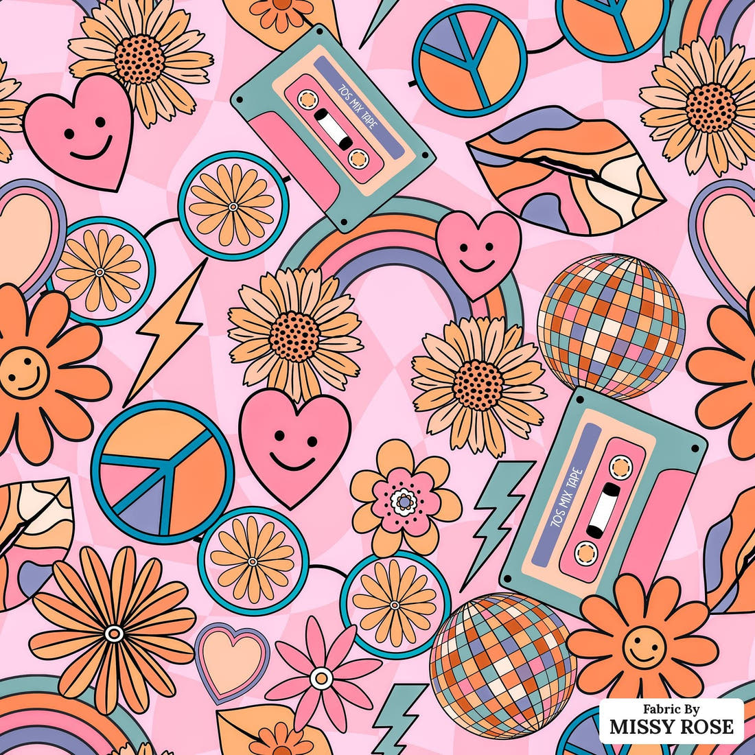 Design 1186 Pink Retro Fabric – flat view of the print, zoom in for detail | Fabric by Missy Rose