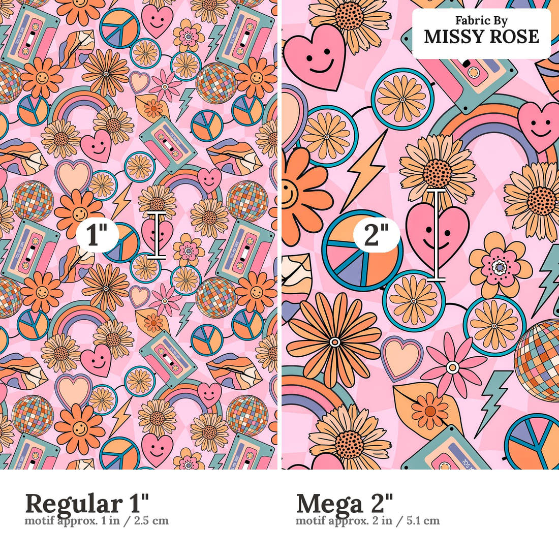 Design 1186 Pink Retro Fabric Regular 1 inch vs Mega 2 inch print scale side by side | Fabric by Missy Rose