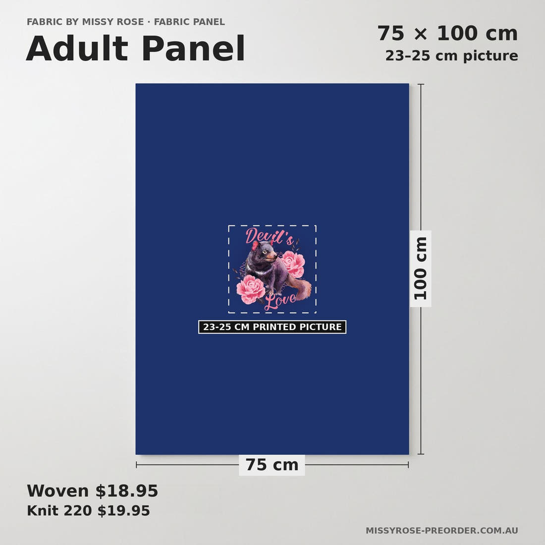 Design 1187 Tasmanian Devil Panel adult panel sizing – 23–25 cm printed picture on 75 × 100 cm fabric | Fabric by Missy Rose
