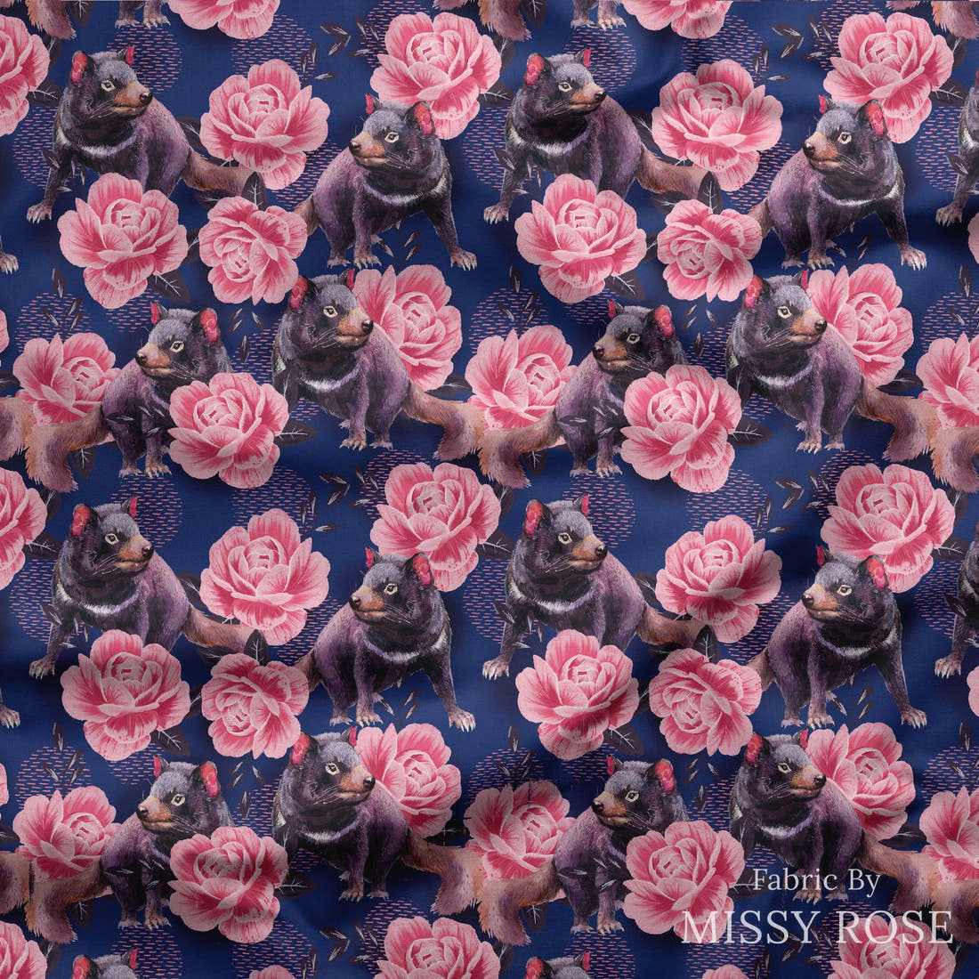 Design 1187 Tamanian Devil Fabric draped fabric mockup – custom printed fabric by the metre | Fabric by Missy Rose