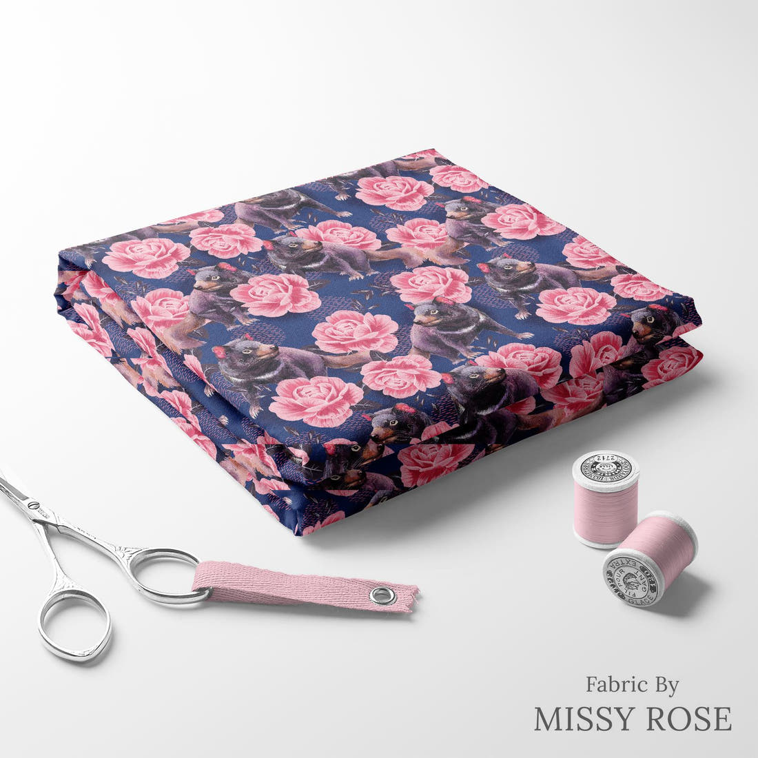 Design 1187 Tamanian Devil Fabric folded fabric stack with matching thread – pre-order fabric Australia | Fabric by Missy Rose