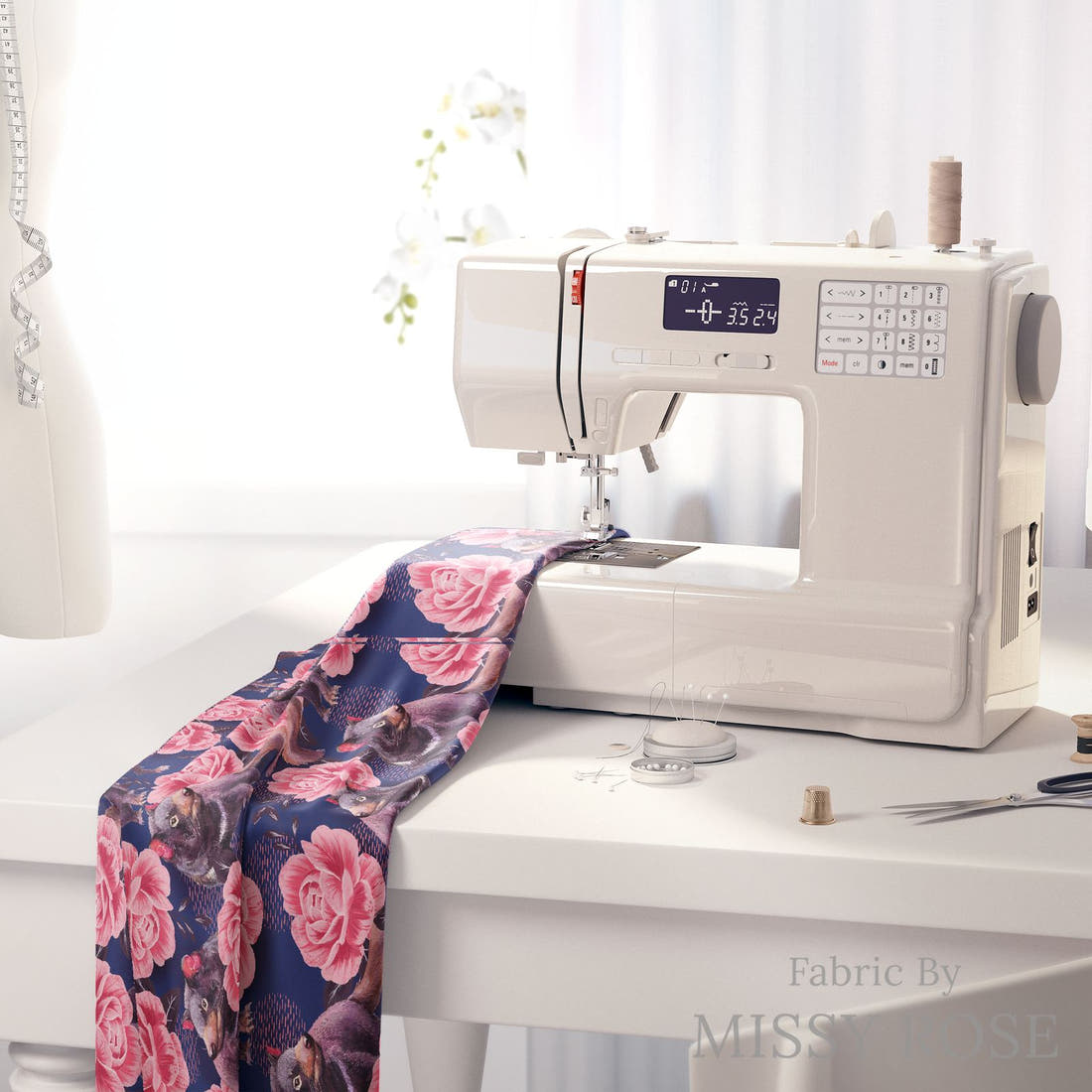Design 1187 Tamanian Devil Fabric on a sewing machine – premium fabric for sewing projects | Fabric by Missy Rose