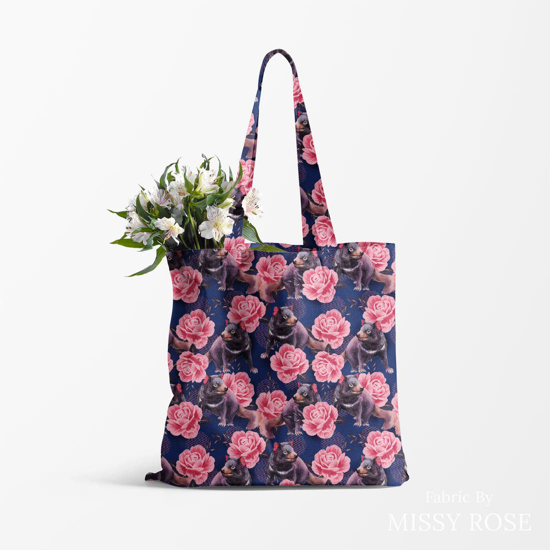 Design 1187 Tamanian Devil Fabric made up as a tote bag – see how the print looks made up | Fabric by Missy Rose