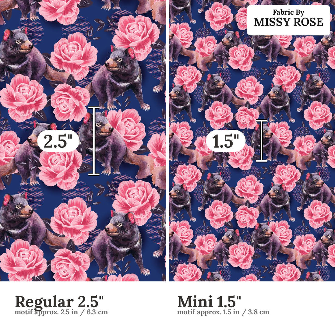 Design 1187 Tamanian Devil Fabric Regular 2.5 inch vs Mini 1.5 inch print scale side by side | Fabric by Missy Rose