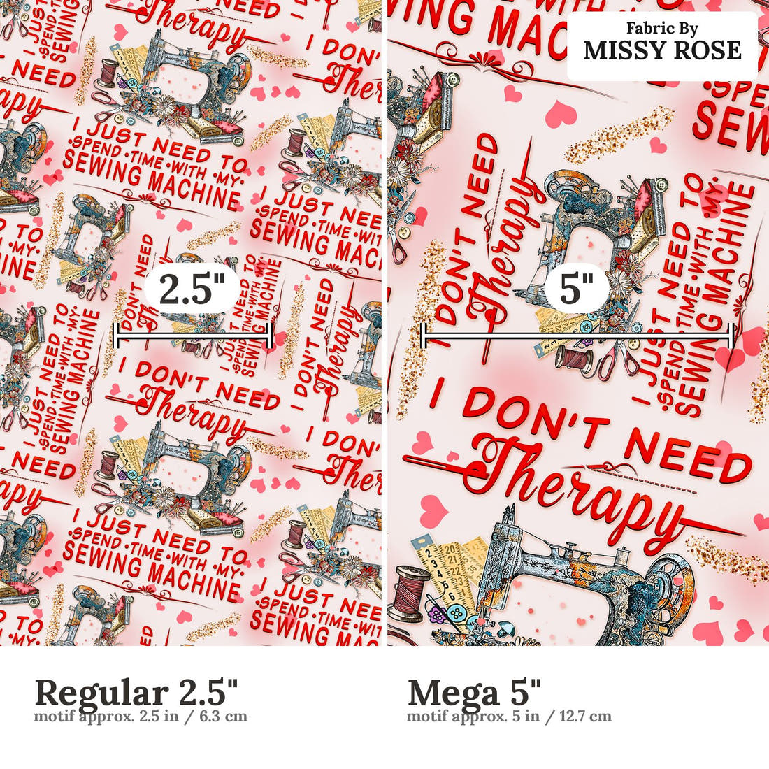 Design 1188 Therapy Fabric Regular 2.5 inch vs Mega 5 inch print scale side by side | Fabric by Missy Rose