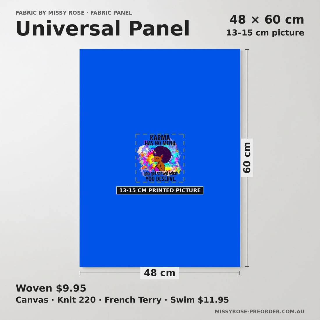 Design 1189 Karma Panel universal panel sizing – 13–15 cm printed picture on 48 × 60 cm fabric | Fabric by Missy Rose