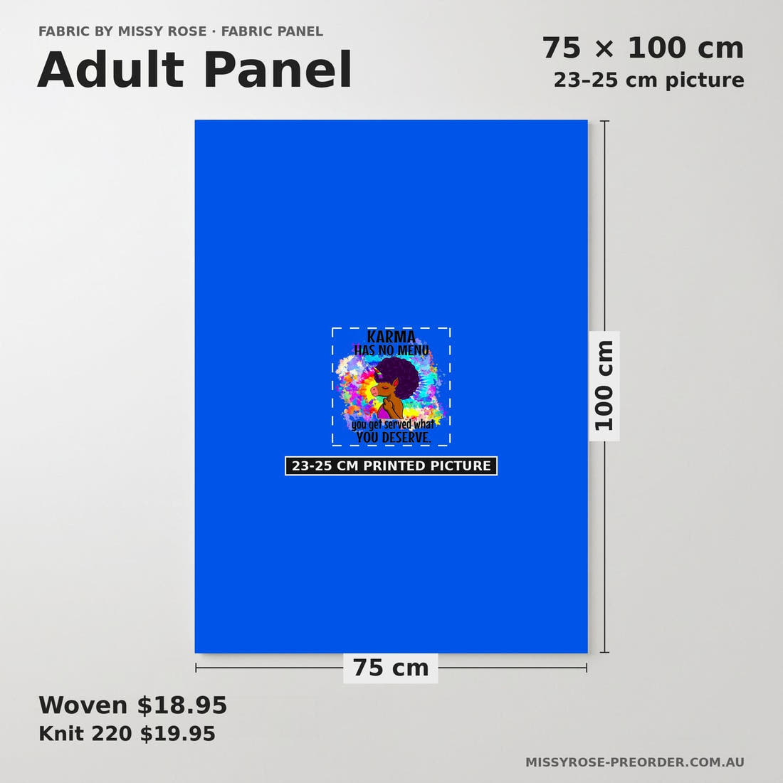 Design 1189 Karma Panel adult panel sizing – 23–25 cm printed picture on 75 × 100 cm fabric | Fabric by Missy Rose