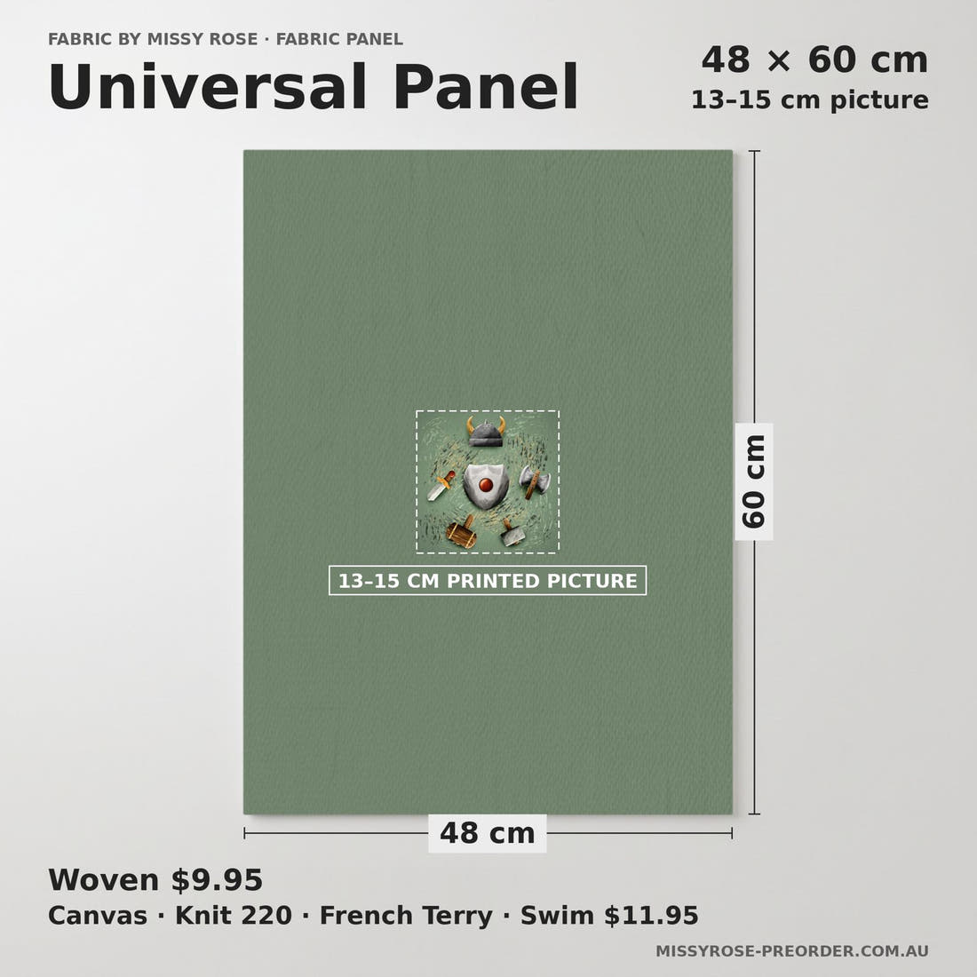 Design 119 Viking Panel universal panel sizing – 13–15 cm printed picture on 48 × 60 cm fabric | Fabric by Missy Rose