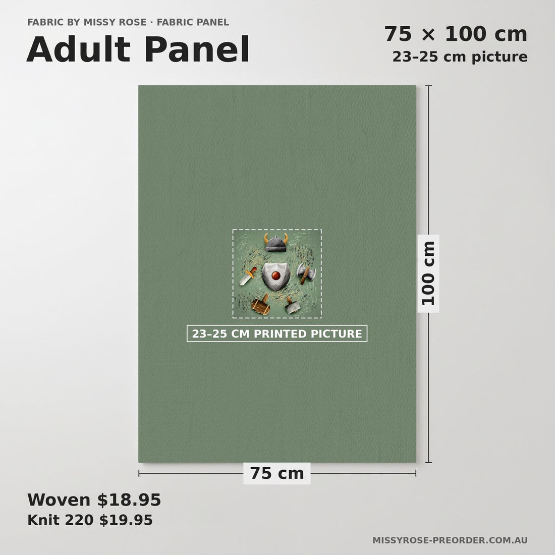 Design 119 Viking Panel adult panel sizing – 23–25 cm printed picture on 75 × 100 cm fabric | Fabric by Missy Rose