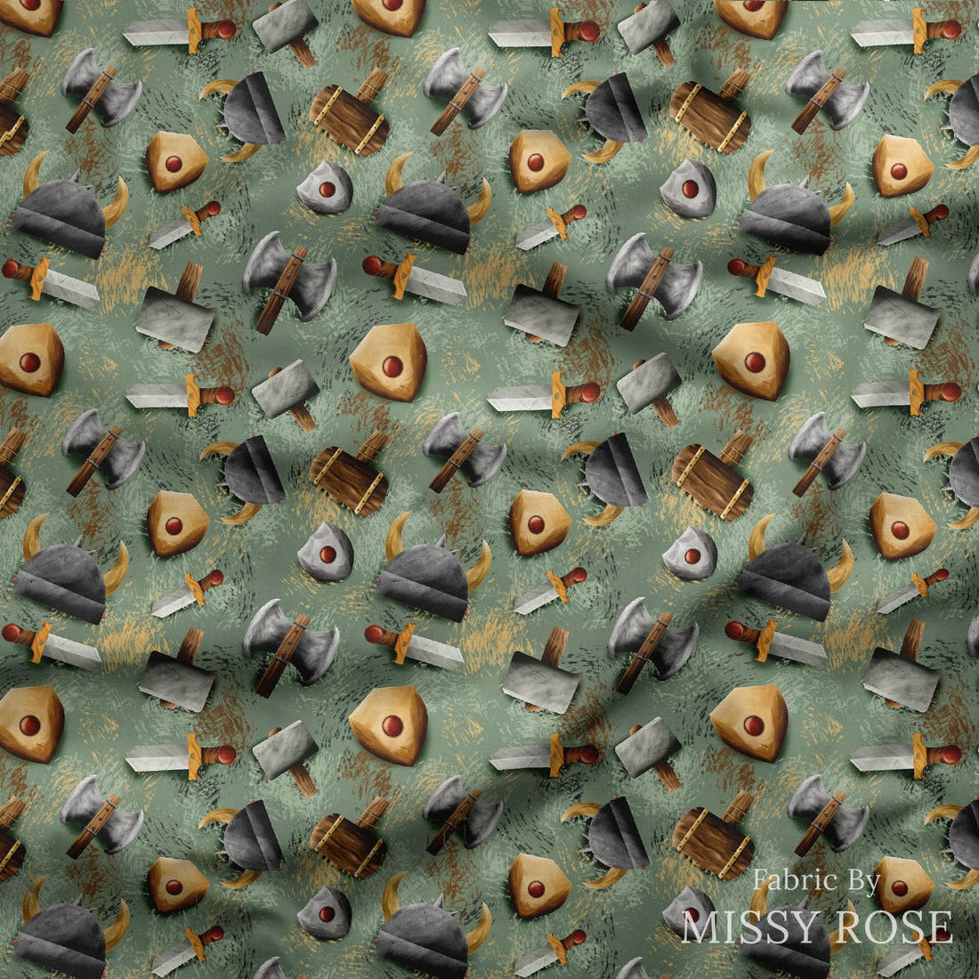 Design 119 Viking Fabric draped fabric mockup – custom printed fabric by the metre | Fabric by Missy Rose