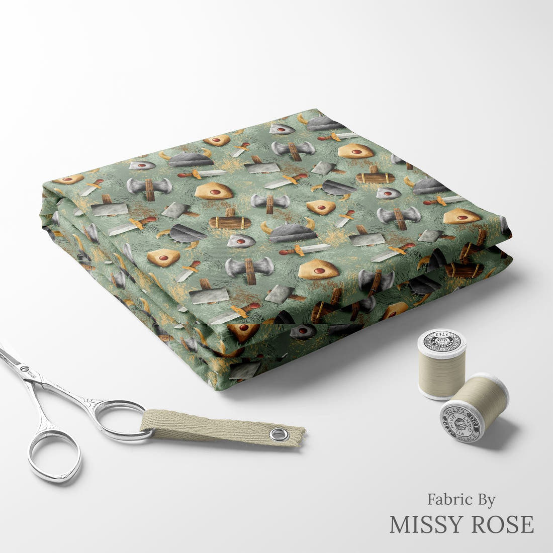 Design 119 Viking Fabric folded fabric stack with matching thread – pre-order fabric Australia | Fabric by Missy Rose