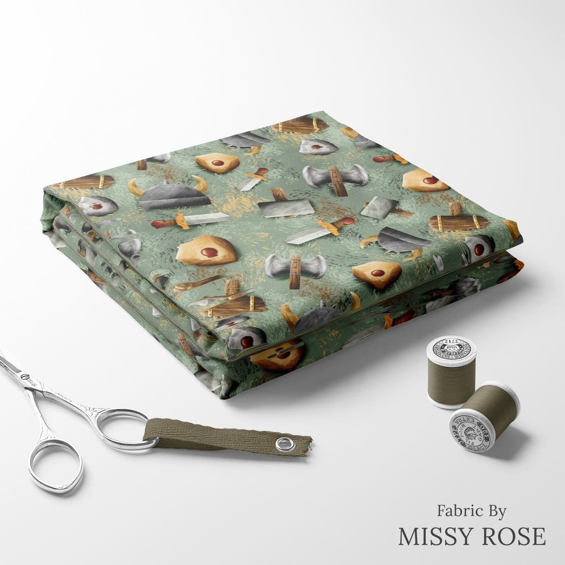 Design 119 Viking Fabric folded fabric stack with matching thread – pre-order fabric Australia | Fabric by Missy Rose