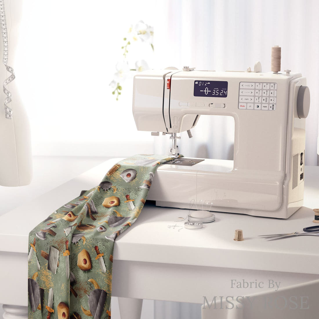 Design 119 Viking Fabric on a sewing machine – premium fabric for sewing projects | Fabric by Missy Rose