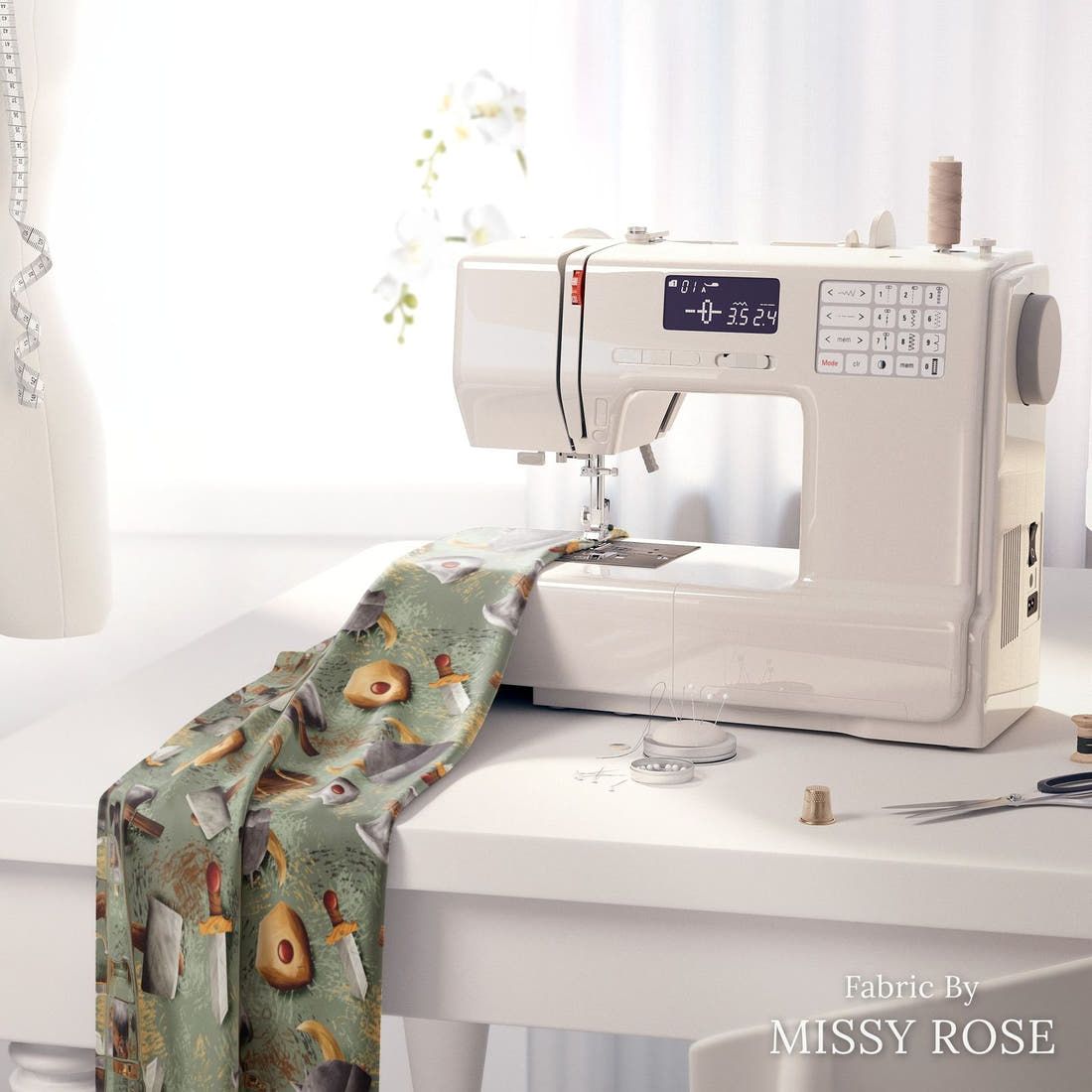 Design 119 Viking Fabric on a sewing machine – premium fabric for sewing projects | Fabric by Missy Rose