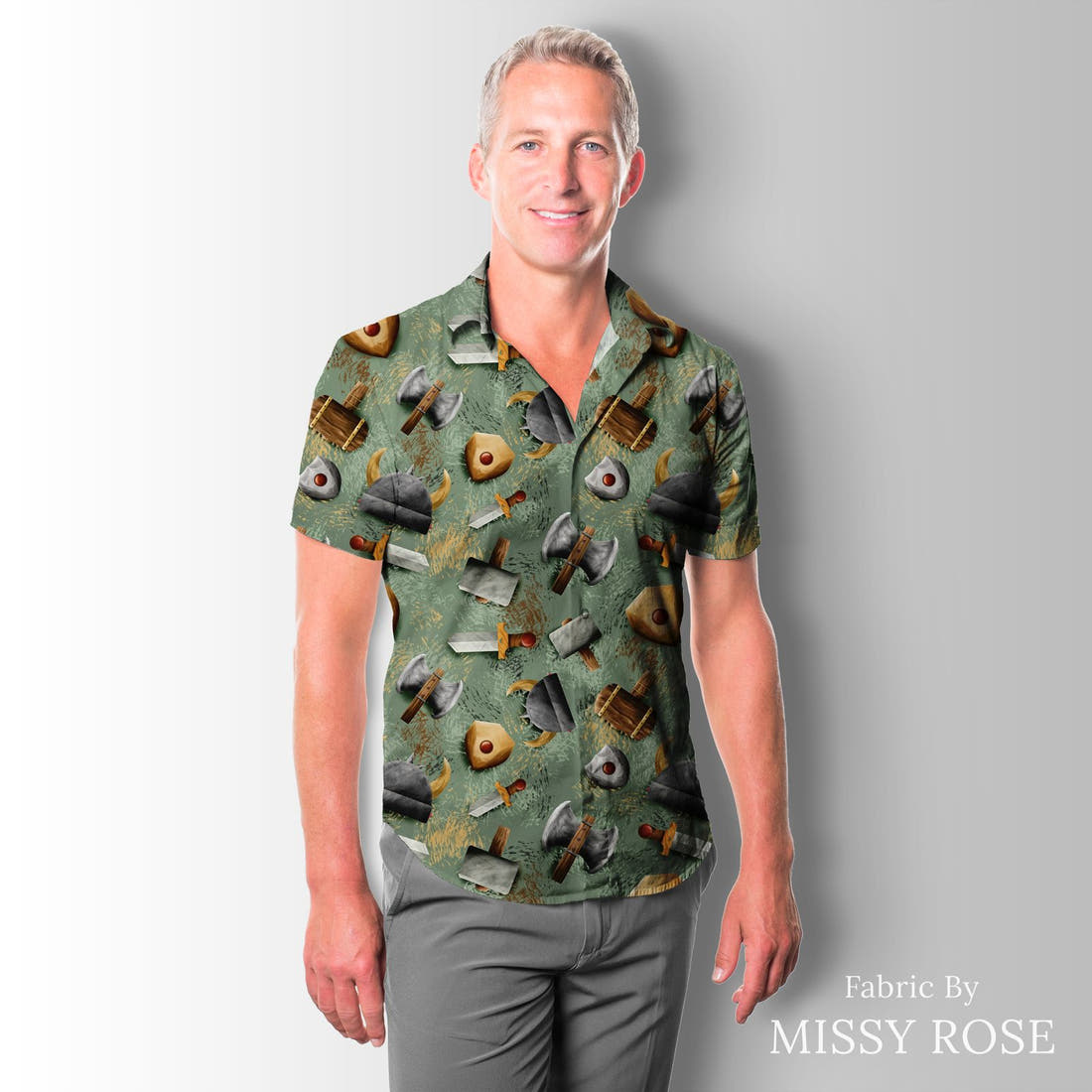 Design 119 Viking Fabric sewn into a men's shirt – see how the print looks made up | Fabric by Missy Rose