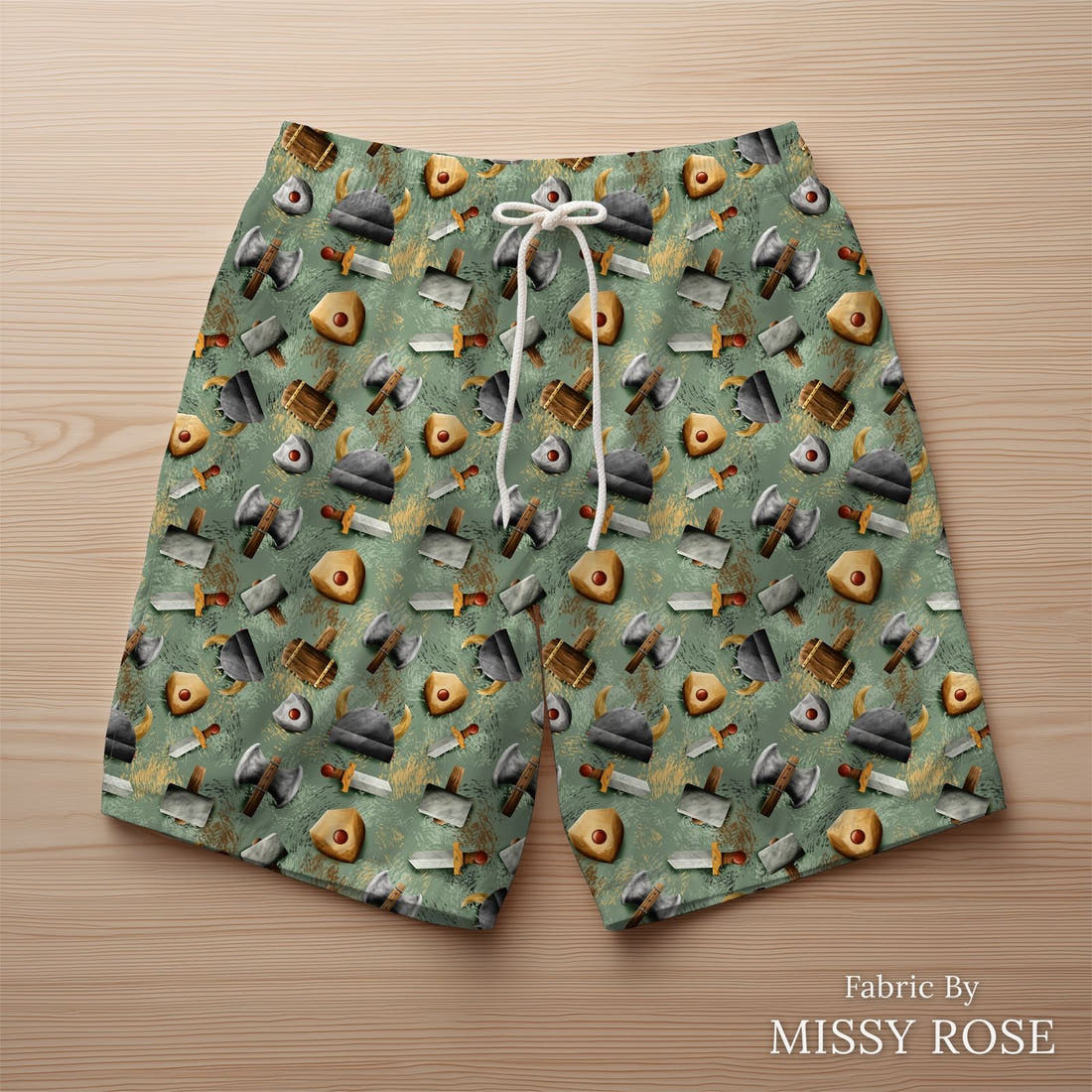 Design 119 Viking Fabric sewn into swim shorts – see how the print looks made up | Fabric by Missy Rose