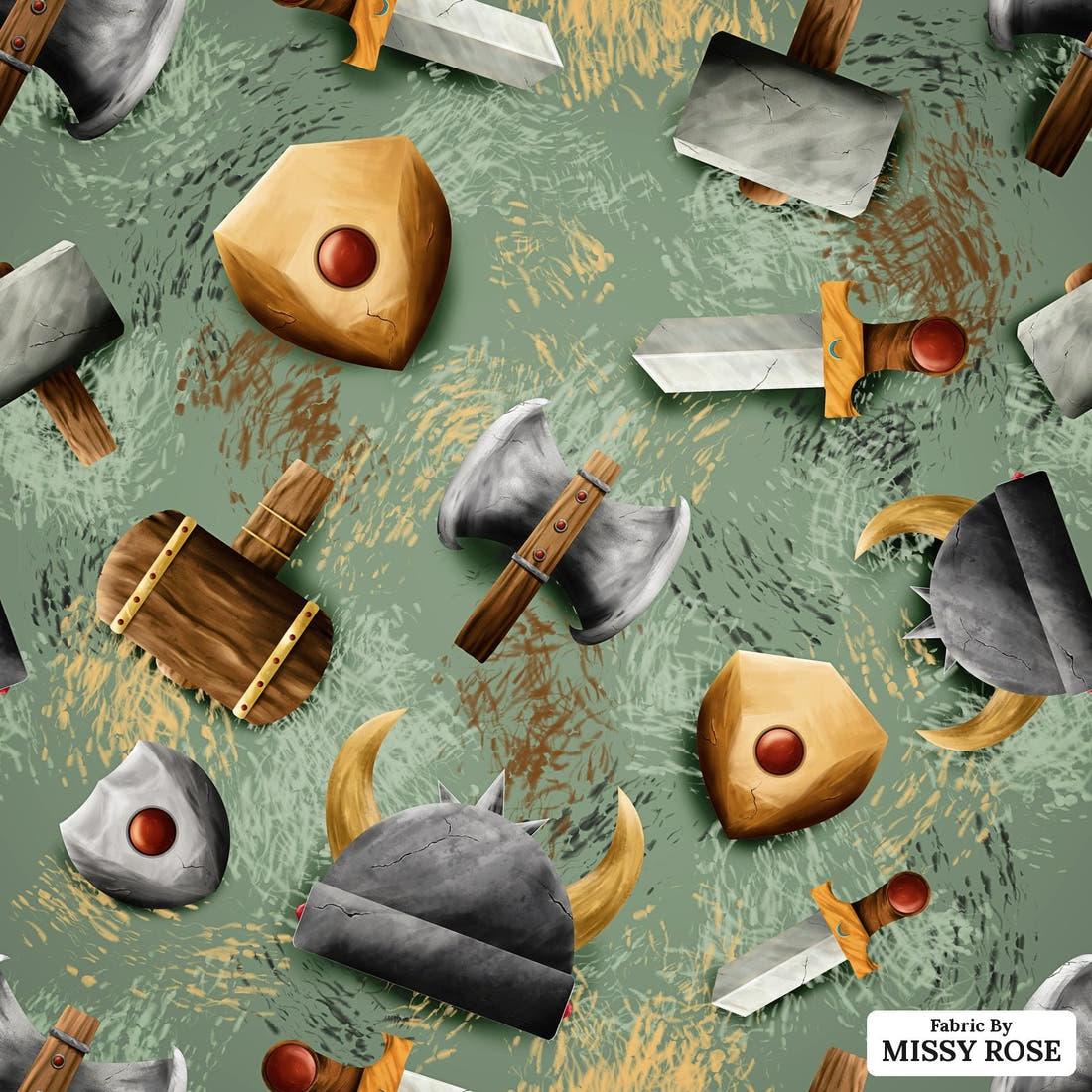 Design 119 Viking Fabric - flat view of the print, zoom in for detail | Fabric by Missy Rose