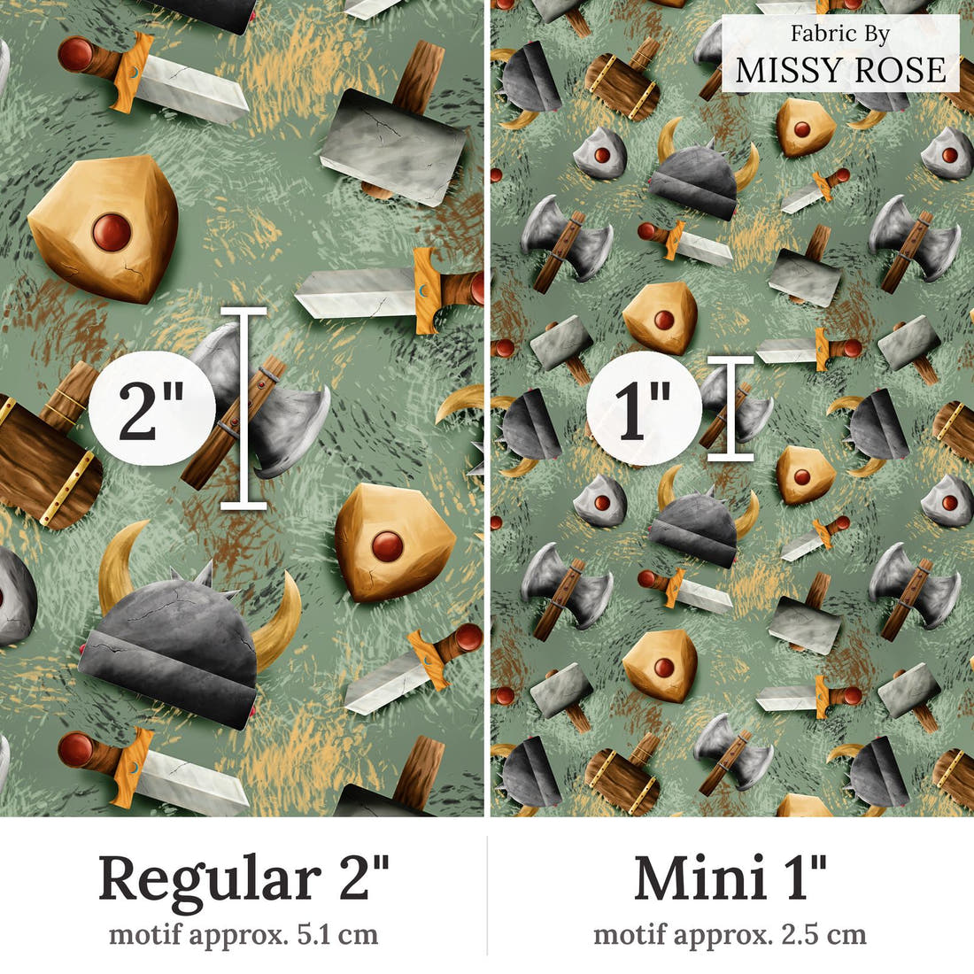 Design 119 Viking Fabric Regular 2 inch vs Mini 1 inch print scale side by side | Fabric by Missy Rose