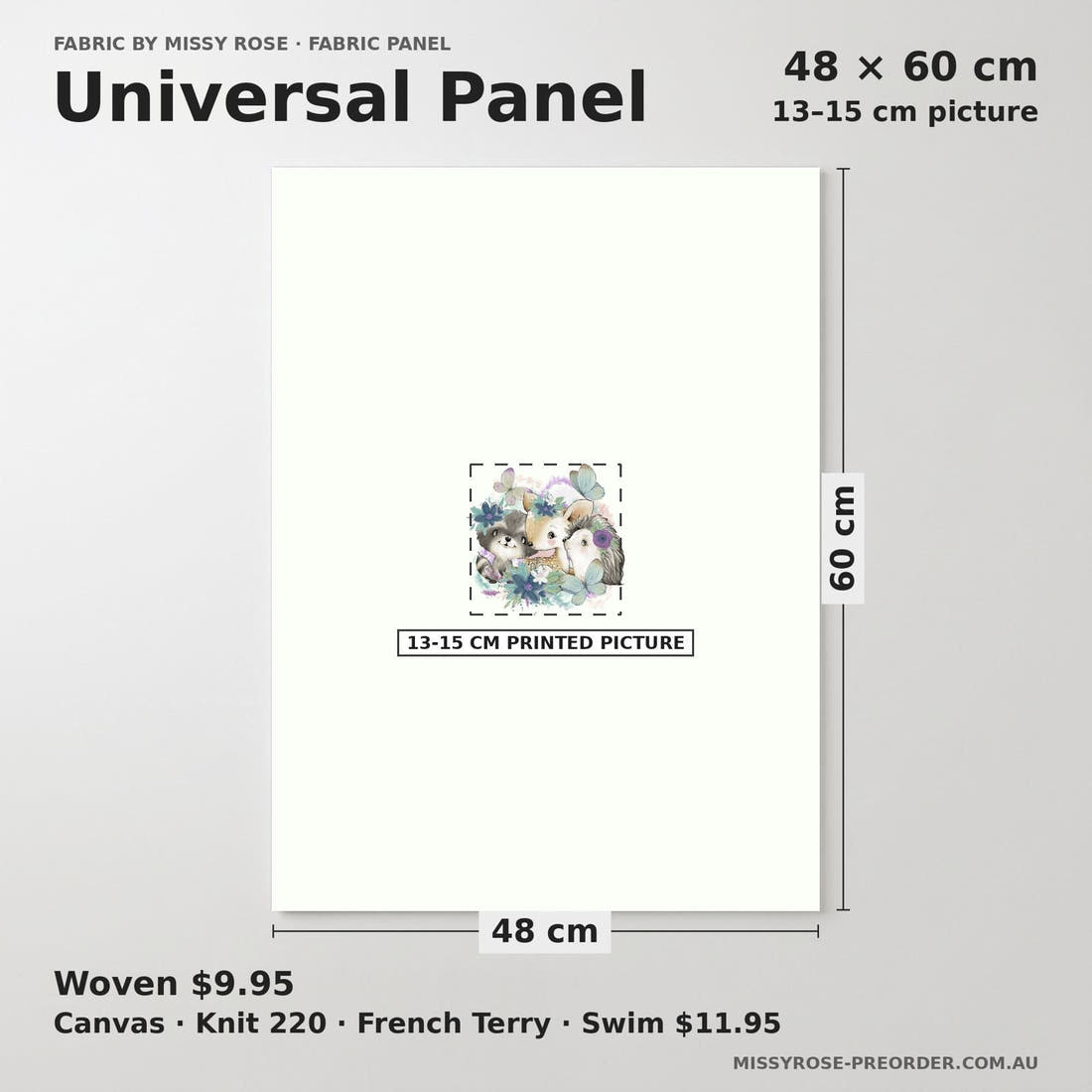 Design 1190 Woodlands Babies Panel universal panel sizing – 13–15 cm printed picture on 48 × 60 cm fabric | Fabric by Missy Rose