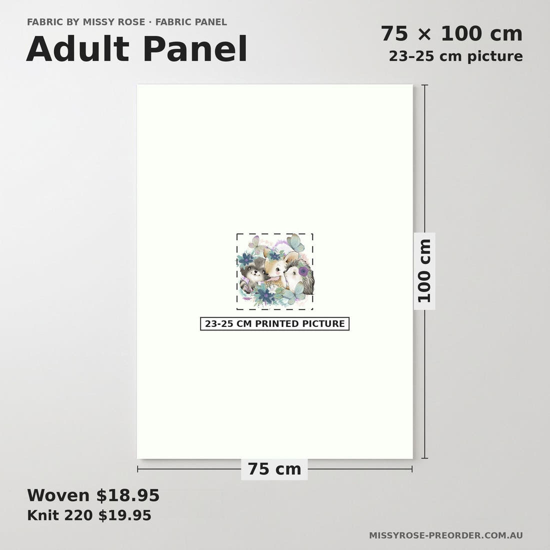 Design 1190 Woodlands Babies Panel adult panel sizing – 23–25 cm printed picture on 75 × 100 cm fabric | Fabric by Missy Rose