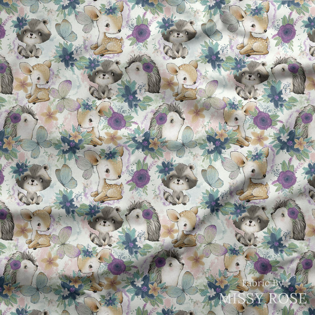Design 1190 Woodlands Babies Fabric draped fabric mockup – custom printed fabric by the metre | Fabric by Missy Rose