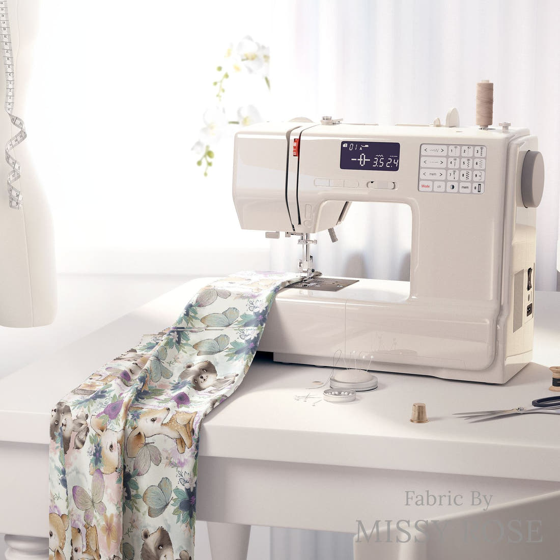 Design 1190 Woodlands Babies Fabric on a sewing machine – premium fabric for sewing projects | Fabric by Missy Rose