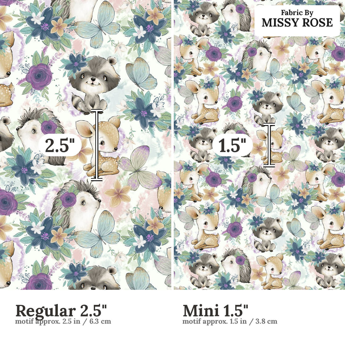 Design 1190 Woodlands Babies Fabric Regular 2.5 inch vs Mini 1.5 inch print scale side by side | Fabric by Missy Rose