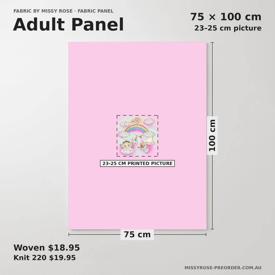 Design 1191 Rainbow Baby Panel adult panel sizing – 23–25 cm printed picture on 75 × 100 cm fabric | Fabric by Missy Rose