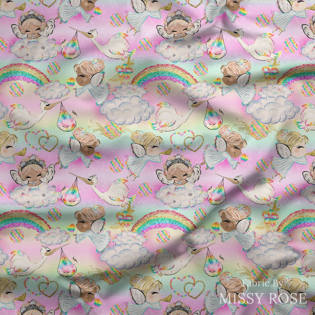 Design 1191 Rainbow Baby Fabric draped fabric mockup – custom printed fabric by the metre | Fabric by Missy Rose
