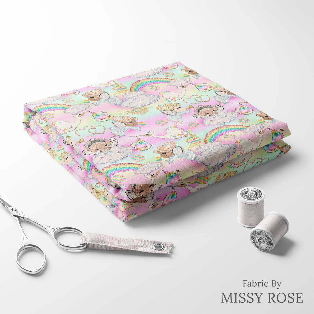 Design 1191 Rainbow Baby Fabric folded fabric stack with matching thread – pre-order fabric Australia | Fabric by Missy Rose