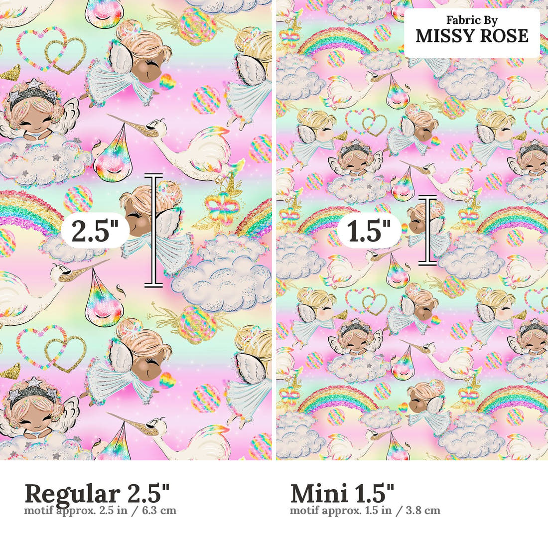 Design 1191 Rainbow Baby Fabric Regular 2.5 inch vs Mini 1.5 inch print scale side by side | Fabric by Missy Rose