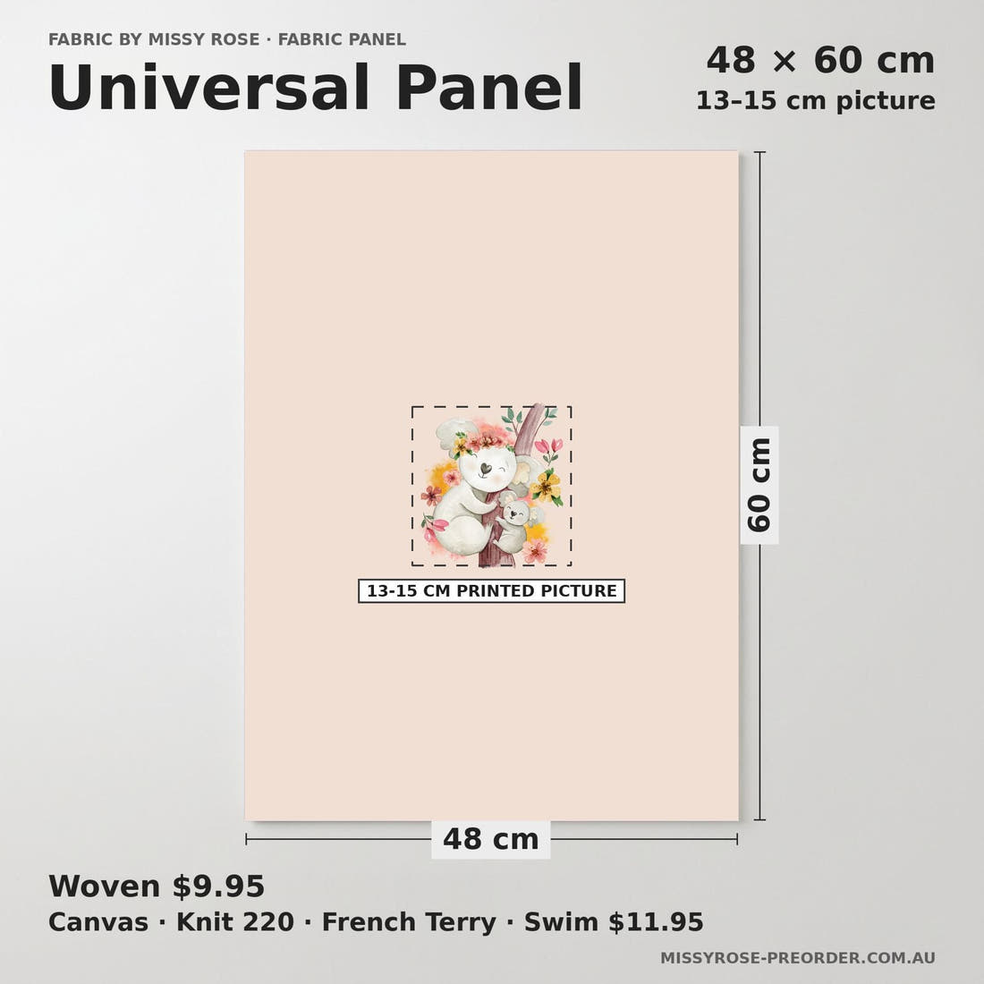 Design 1192 Pink Koala Panel universal panel sizing – 13–15 cm printed picture on 48 × 60 cm fabric | Fabric by Missy Rose