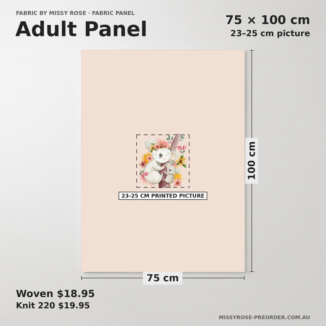 Design 1192 Pink Koala Panel adult panel sizing – 23–25 cm printed picture on 75 × 100 cm fabric | Fabric by Missy Rose