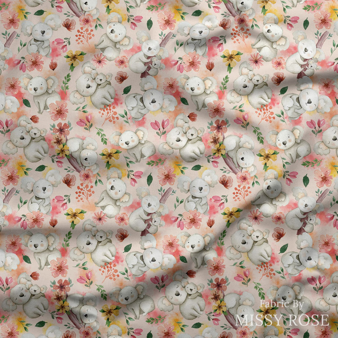 Design 1192 Pink Koala Fabric draped fabric mockup – custom printed fabric by the metre | Fabric by Missy Rose