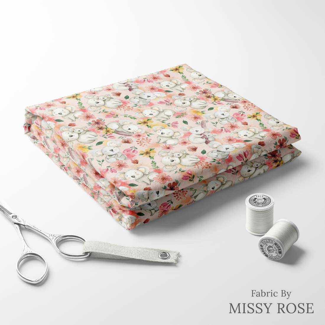 Design 1192 Pink Koala Fabric folded fabric stack with matching thread – pre-order fabric Australia | Fabric by Missy Rose